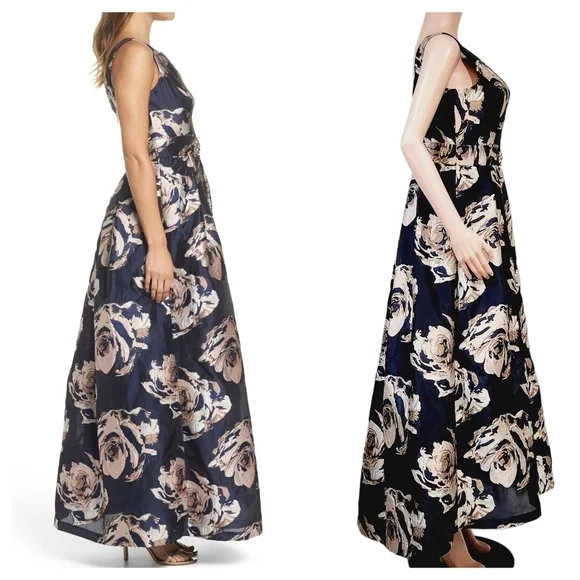 Eliza J Embellished Floral Ballgown Dress Navy Multi Size 10 - Picture 13 of 16